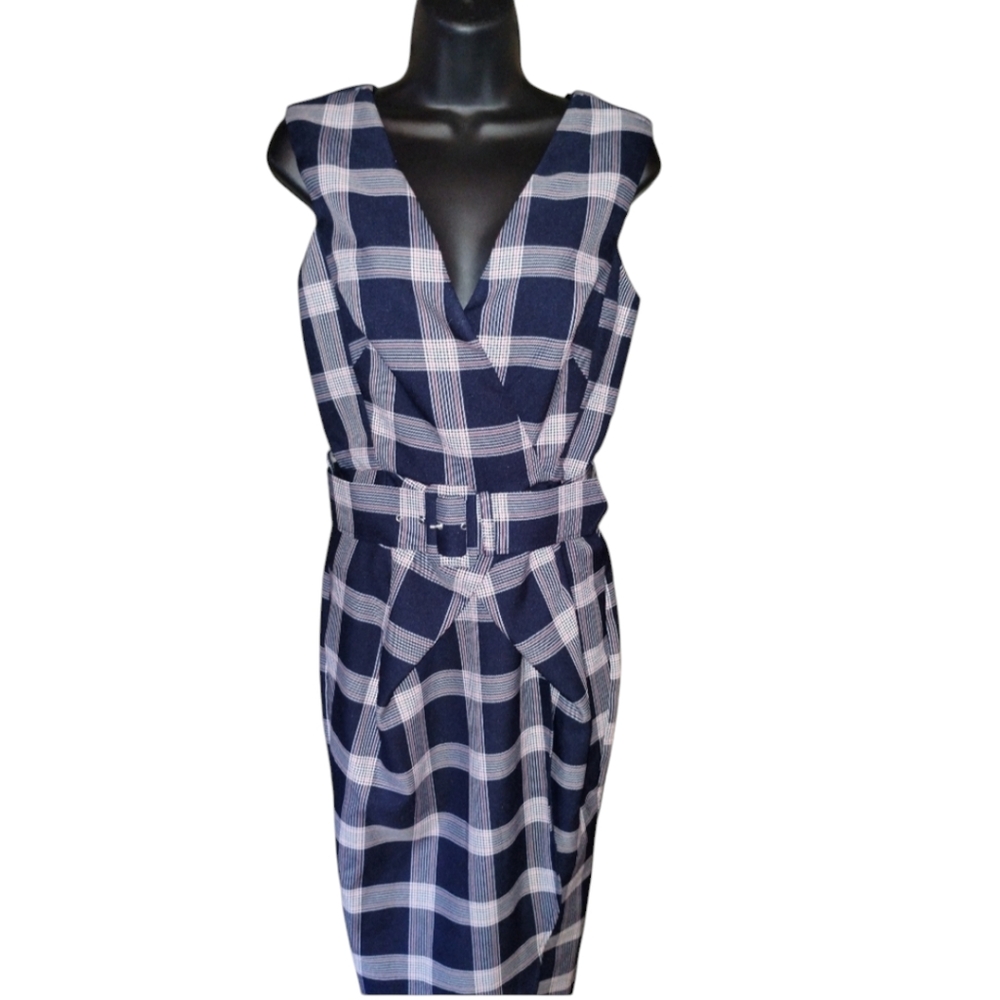 ASOS Plaid navy and white faux wrap belted dress, neck, sleeveless NWT
